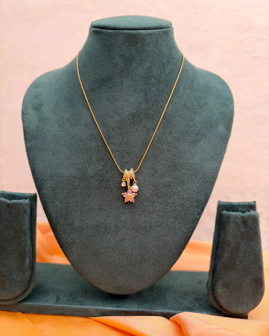 Anti-Tarnish Gold-Tone Pink Flower and Pearl Charm Necklace Anti-Tarnish Gold-Tone Pink Flower and Pearl Charm Necklace