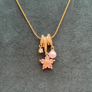Anti-Tarnish Gold-Tone Pink Flower and Pearl Charm Necklace
