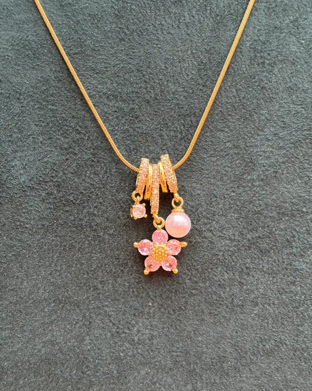 Anti-Tarnish Gold-Tone Pink Flower and Pearl Charm Necklace Anti-Tarnish Gold-Tone Pink Flower and Pearl Charm Necklace