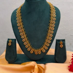 Traditional Gold-Tone Long Haram Necklace Set with Stone-Studded Motifs